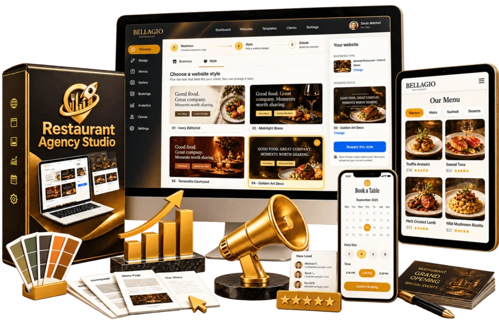 Restaurant Agency Studio product image featuring diverse restaurant website designs You're about to unlockA Complete WordPress-Powered Website StudioThat Combines Professional Styles, Niche Content