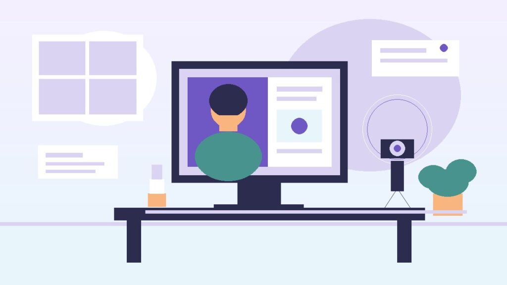Illustration of an educator on a screen at a desk with a camera and ring light