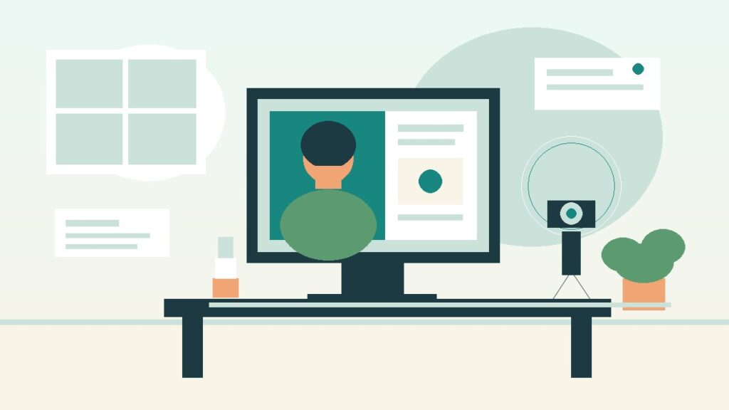 Illustration of an educator on a screen at a desk with a camera and ring light