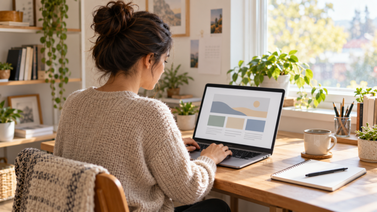 A beginner builds a simple website on a laptop in a tidy home office with a notebook nearby.