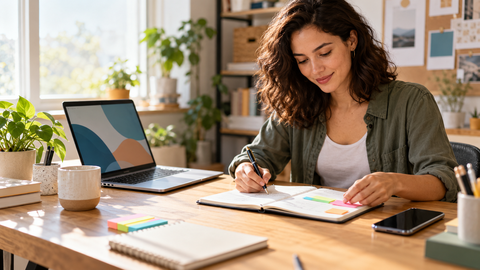 A beginner business owner organizes marketing tools at a laptop with a notebook, pen, and smartphone in a bright office.