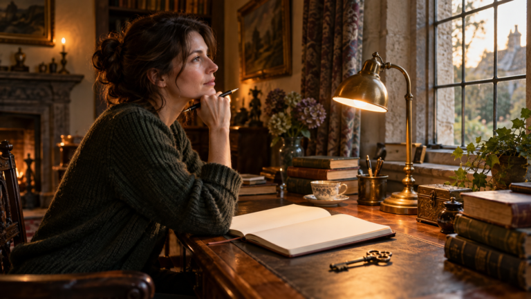 An author plans a gentle ghost mystery at a warmly lit desk with an antique key, open notebook, and reading lamp.