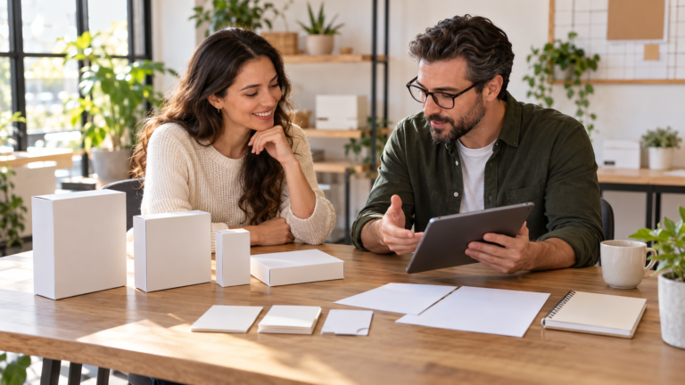 A small-business owner and advisor review blank product packaging samples and documents during a consultation.