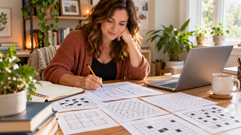 An independent author works on puzzle-book pages at a desk with a laptop, notebook, pencil, and printed puzzle grids.