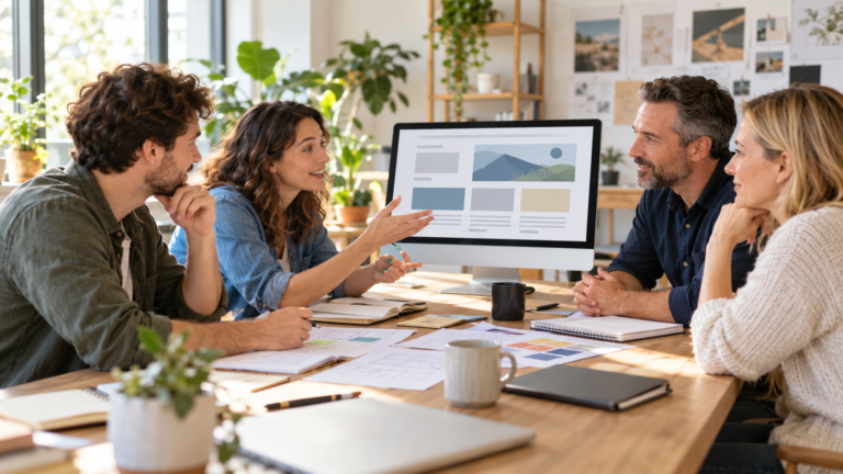 A small web-design team and a local business owner discuss a website plan beside a monitor showing abstract page layouts.