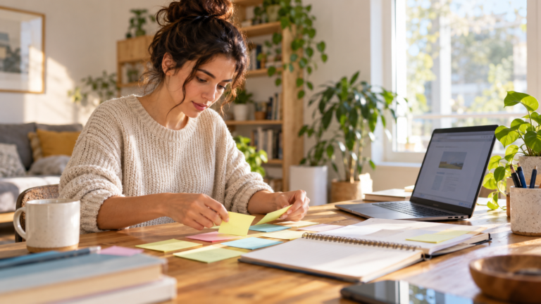 A content creator organizes blank prompt notes beside a laptop in a sunny home workspace.