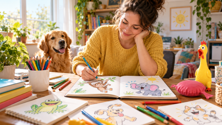 An author draws playful animal illustrations for a kids’ joke book at a bright desk with colored pencils and humor props.
