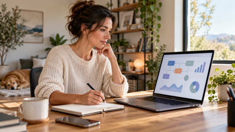 Marketer reviews an abstract campaign workflow on a laptop with a notebook and phone nearby.