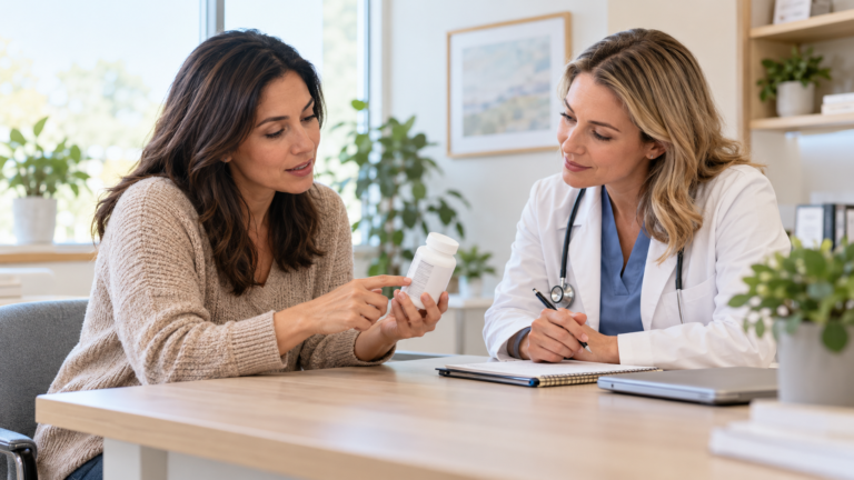 Woman and clinician discuss an unbranded supplement bottle at a bright clinic desk.