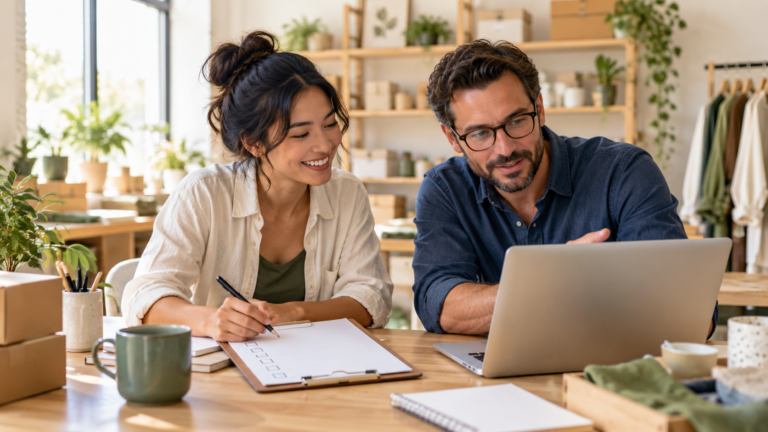 Consultant and small-business owner review a blank checklist beside a laptop in a bright workspace.