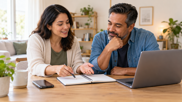 Educator and adult learner discuss budgeting together over a notebook, laptop, and phone at a desk.