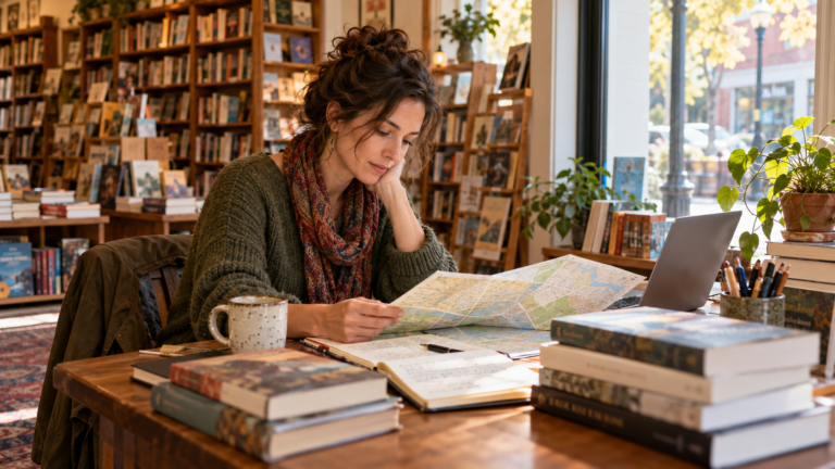 Independent author reviews a local street map and audience notes at a desk in a neighborhood bookstore, with books and a laptop nearby.