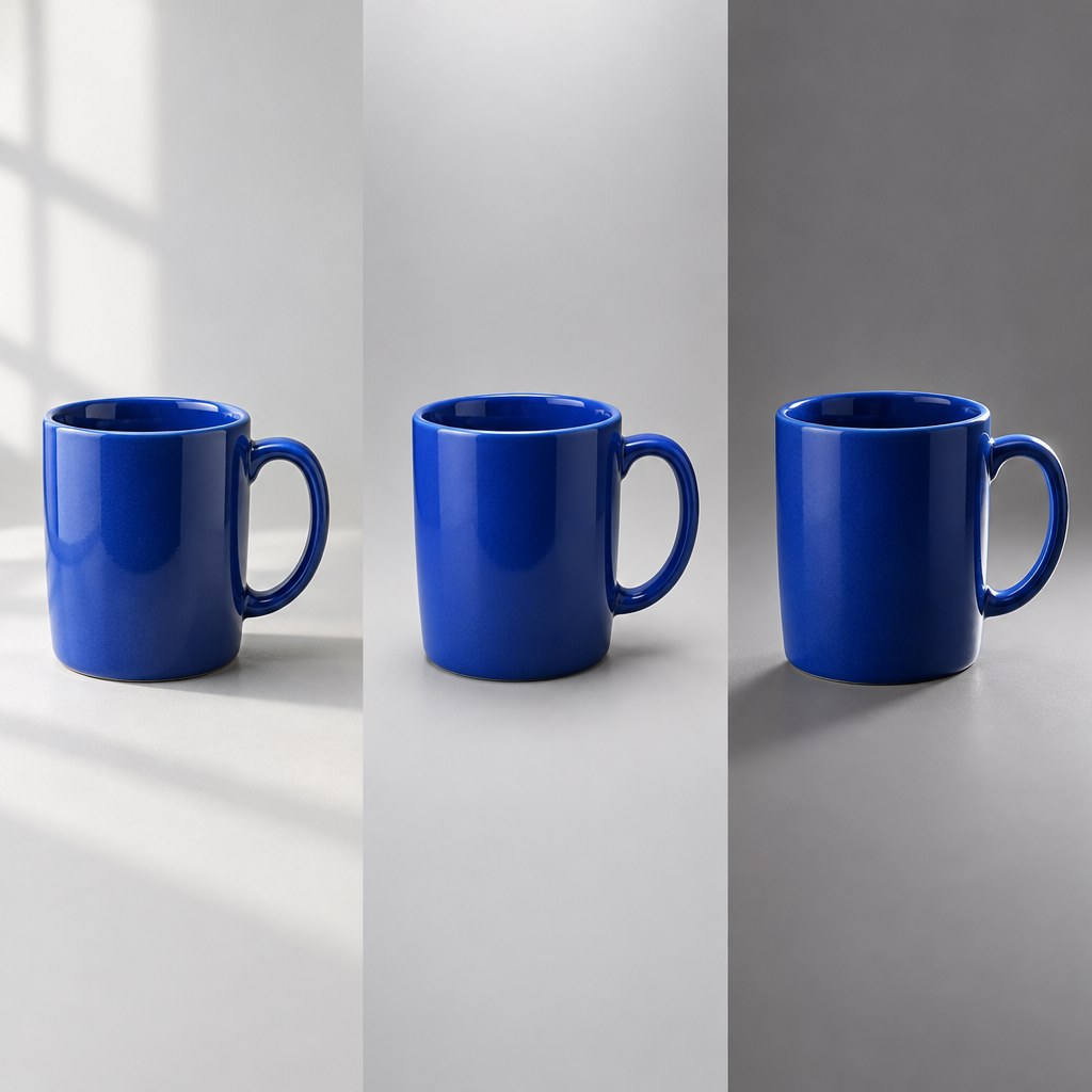 Three concept studio images of a blue ceramic mug showing different lighting arrangements