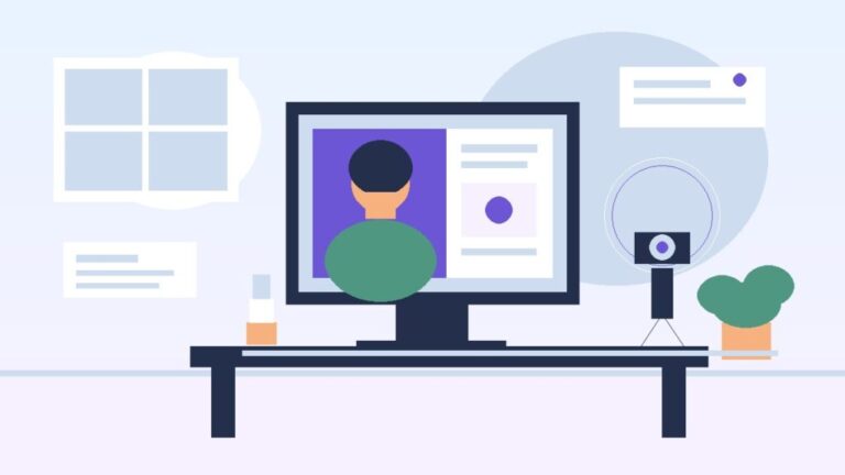 Illustration of an educator on a screen at a desk with a camera and ring light