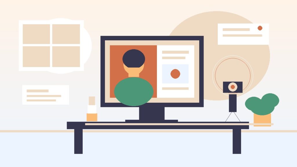 Illustration of an educator on a screen at a desk with a camera and ring light