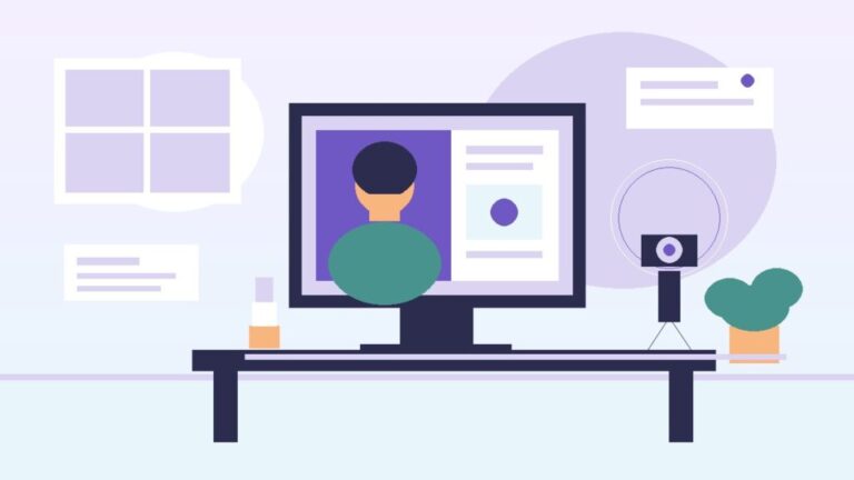 Illustration of an educator on a screen at a desk with a camera and ring light